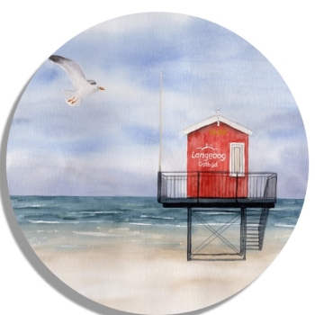 Untersetzer Glasuntersetzer rund 9,5 cm Aquarell Maritim Kunst Druck Kunstdruck Nordsee Insel Langeoog Badeturm rot Strand Meer