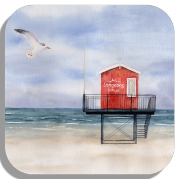 Untersetzer Glasuntersetzer 9,5 x 9,5 cm Aquarell Maritim Kunst Druck Kunstdruck Nordsee Insel Langeoog Badeturm rot Strand Meer