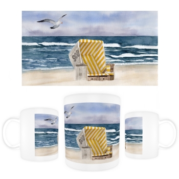 Tasse Becher Kaffeebecher  Aquarell Maritim Kunst Druck Kunstdruck Nordsee Insel Langeoog Strandkorb Strand Meer