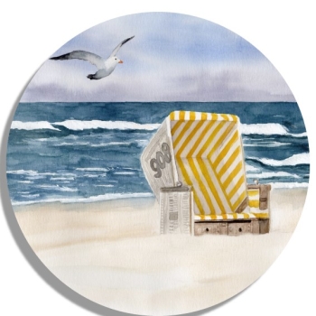 Untersetzer Glasuntersetzer rund 9,5 cm Aquarell Maritim Kunst Druck Kunstdruck Nordsee Insel Langeoog Strandkorb Strand Meer