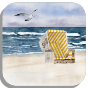 Untersetzer Glasuntersetzer 9,5 x 9,5 cm Aquarell Maritim Kunst Druck Kunstdruck Nordsee Insel Langeoog Strandkorb Strand Meer