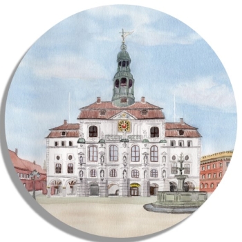 Untersetzer Glasuntersetzer rund 9,5 cm  Aquarell Kunst Druck Kunstdruck Lüneburger Heide Lüneburg  Stadt Rathaus