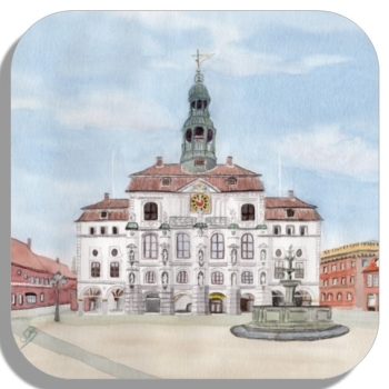 Untersetzer Glasuntersetzer 9,5 x 9,5 cm   Aquarell Kunst Druck Kunstdruck Lüneburger Heide Lüneburg Stadt Rathaus