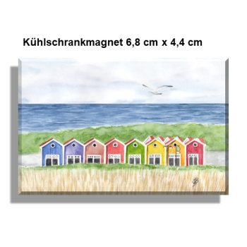 Kühlschrankmagnet  Aquarell Maritim Kunst Druck Kunstdruck Nordsee Insel Langeoog bunte Buden Meer Strand