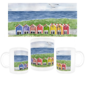 Tasse Becher Kaffeebecher Aquarell Maritim Kunst Druck Kunstdruck Nordsee Insel Langeoog bunte Buden Meer Strand