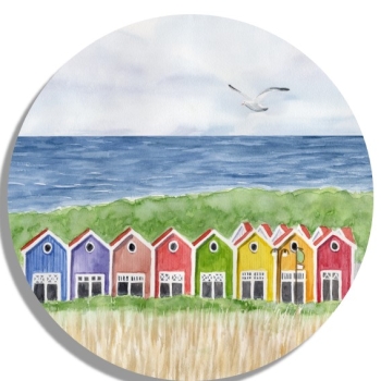 Untersetzer Glasuntersetzer rund 9,5 cm Aquarell Maritim Kunst Druck Kunstdruck Nordsee Insel Langeoog bunte Buden Meer Strand
