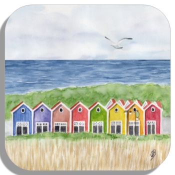 Untersetzer Glasuntersetzer 9,5 x 9,5 cm Aquarell Maritim Kunst Druck Kunstdruck Nordsee Insel Langeoog bunte Buden Meer Strand