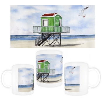 Tasse Becher Kaffeebecher Aquarell Maritim Kunst Druck Kunstdruck Nordsee Insel Langeoog Badeturm grün Strand Meer