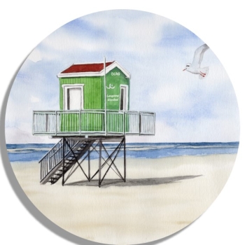 Untersetzer Glasuntersetzer rund 9,5 cm Aquarell Maritim Kunst Druck Kunstdruck Nordsee Insel Langeoog Badeturm grün Strand Meer