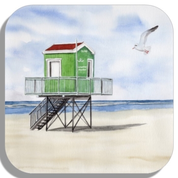 Untersetzer Glasuntersetzer 9,5 x 9,5 cm Aquarell Maritim Kunst Druck Kunstdruck Nordsee Insel Langeoog Badeturm grün Strand Meer