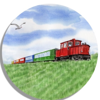 Coasters glass coasters 9,5 x  9,5 cm Watercolor Maritime Art Print North Sea Island Langeoog train railway