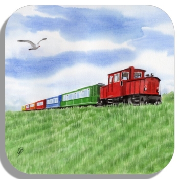 Coasters glass coasters 9,5 x  9,5 cm Watercolor Maritime Art Print North Sea Island Langeoog train railway