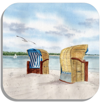 Untersetzer Glasuntersetzer 9,5 x 9,5 cm  Aquarell Maritim Kunst Druck Kunstdruck Ostsee Laboe Strand Strandkorb - LB1