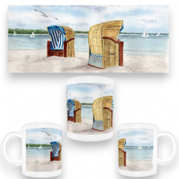 Tasse Becher Kaffeebecher  Aquarell Maritim Kunst Druck Kunstdruck Ostsee Laboe Strand Strandkorb - LB1