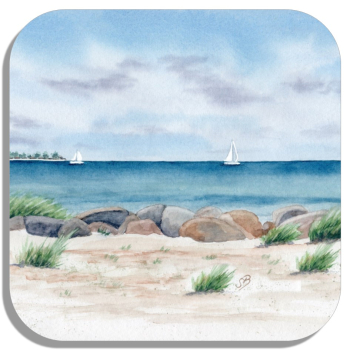 Coasters glass coasters 9,5 x  9,5 cm  Watercolor Maritime Art Print Baltic Sea Laboe Beach  - LB3