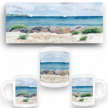 Cup Coffee Cup Mug Watercolor Maritime Art Print Baltic Sea Laboe Beach - LB3