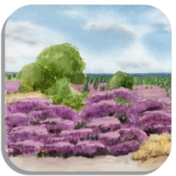 Untersetzer Glasuntersetzer 9,5 x 9,5 cm   Aquarell Kunst Druck Kunstdruck Lüneburger Heide Lüneburg Landschaft Kutsche Kutschfahrt