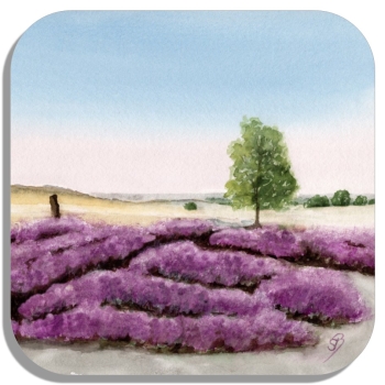 Coasters glass coasters 9,5 x  9,5 cm Watercolor Art Print Luneburg Heath Heathland Landscape Coach Carriage Ride