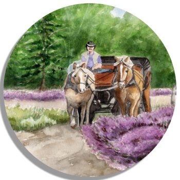 Untersetzer Glasuntersetzer rund 9,5 cm  Aquarell Kunst Druck Kunstdruck Lüneburger Heide Lüneburg Landschaft Kutsche Kutschfahrt