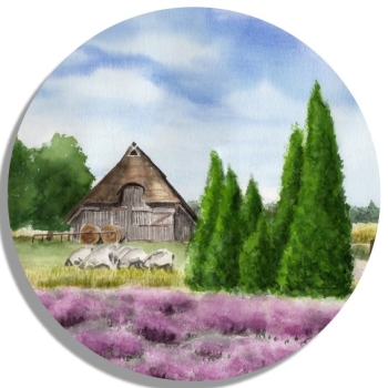 Untersetzer Glasuntersetzer rund 9,5 cm  Aquarell Kunst Druck Kunstdruck Lüneburger Heide Lüneburg Landschaft Kutsche Kutschfahrt