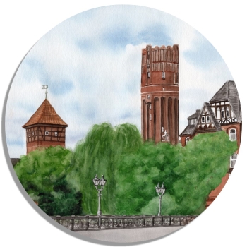 Coasters glass coasters 9,5 x  9,5 cm Watercolor Art Print Luneburg Heath Heathland Landscape Watertower