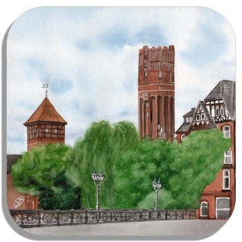 Coasters glass coasters 9,5 x  9,5 cm Watercolor Art Print Luneburg Heath Heathland Landscape Watertower
