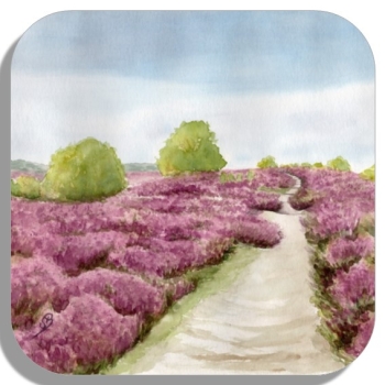 Untersetzer Glasuntersetzer 9,5 x 9,5 cm   Aquarell Kunst Druck Kunstdruck Lüneburger Heide Lüneburg Landschaft Kutsche Kutschfahrt