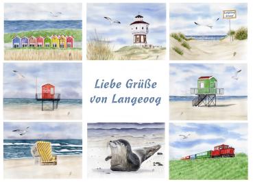 Folienmagnet  Aquarell Maritim Kunst Druck Kunstdruck Nordsee Strandkorb Leuchtturm Insel Langeoog Meer Strand Dünen