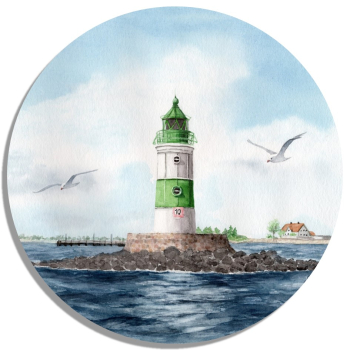 Untersetzer Glasuntersetzer rund 9,5 cm   Aquarell Maritim Kunst Druck Kunstdruck Ostsee Leuchtturm Maasholm Schleimünde Schlei Kappeln