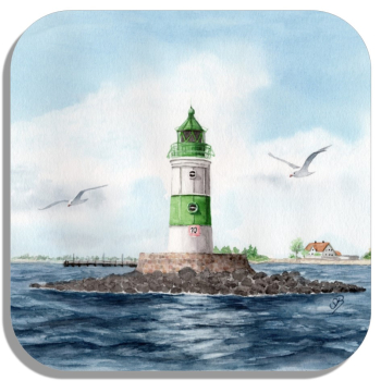 Untersetzer Glasuntersetzer 9,5 x 9,5 cm  Aquarell Maritim Kunst Druck Kunstdruck Ostsee Leuchtturm Maasholm Schleimünde Schlei Kappeln