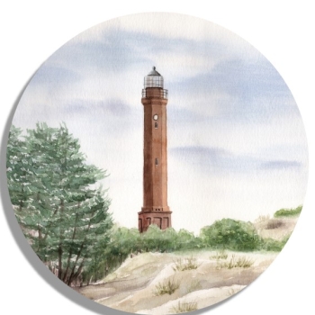 Untersetzer Glasuntersetzer rund 9,5 cm Aquarell Maritim Kunst Druck Kunstdruck Nordsee Norderney Leuchtturm Insel Strand