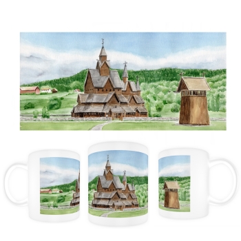 Tasse Becher Kaffeebecher  Aquarell Kunst Druck Kunstdruck Norwegen Norge Norway Kirche Stabkirche