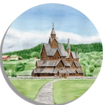 Untersetzer Glasuntersetzer rund 9,5 cm Aquarell Kunst Druck Kunstdruck Norwegen Norge Norway Kirche Stabkirche