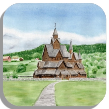Untersetzer Glasuntersetzer 9,5 x 9,5 cm Aquarell Kunst Druck Kunstdruck Norwegen Norge Norway Kirche Stabkirche