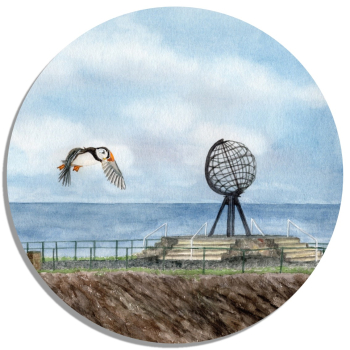 Coasters glass coasters 9,5 x  9,5 cm Watercolor Art Print Norway Norge Norway Nordkapp North Cape Globe Puffin
