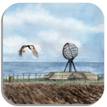 Coasters glass coasters 9,5 x  9,5 cm  Watercolor Art Print Norway Norge Norway Nordkapp North Cape Globe Puffin