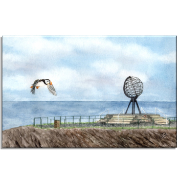 Stretcher frame canvas 30 x 20 cm linen Watercolor Art Print Norway Norge Norway Nordkapp North Cape Globe Puffin