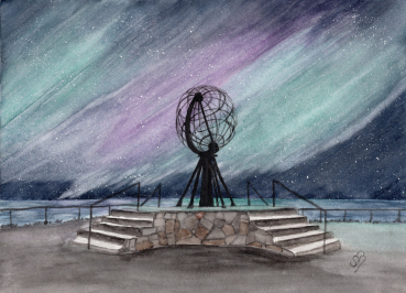 Postkarte DIN-A6 Aquarell Kunst Druck Kunstdruck Norwegen Norge Norway  Nordkapp Nordkap Globus Polarlichter