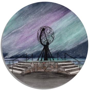 Untersetzer Glasuntersetzer rund 9,5 cm Aquarell Kunst Druck Kunstdruck Norwegen Norge Norway  Nordkapp Nordkap Globus Polarlichter