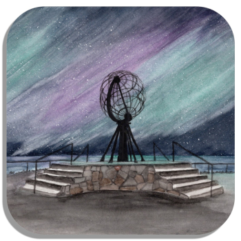 Untersetzer Glasuntersetzer 9,5 x 9,5 cm Aquarell Kunst Druck Kunstdruck Norwegen Norge Norway  Nordkapp Nordkap Globus Polarlichter