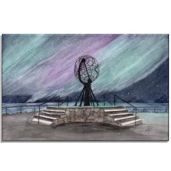 Leinwand 30 x 20 cm Keilrahmen Canvas-Leinen Aquarell Kunst Druck Kunstdruck Norwegen Norge Norway  Nordkapp Nordkap Globus Polarlichter
