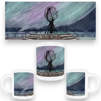Tasse Becher Kaffeebecher  Aquarell Kunst Druck Kunstdruck Norwegen Norge Norway  Nordkapp Nordkap Globus Polarlichter