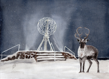 Postkarte DIN-A6 Aquarell Kunst Druck Kunstdruck Norwegen Norge Norway  Nordkapp Nordkap Globus Winter Rentier
