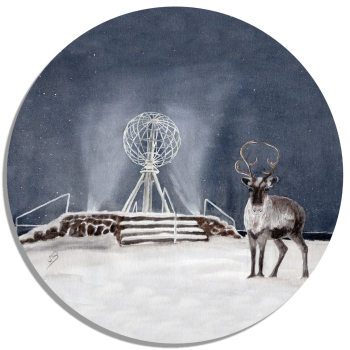 Untersetzer Glasuntersetzer rund 9,5 cm Aquarell Kunst Druck Kunstdruck Norwegen Norge Norway  Nordkapp Nordkap Globus Winter Rentier
