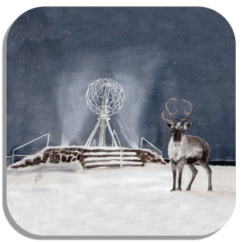Untersetzer Glasuntersetzer 9,5 x 9,5 cm Aquarell Kunst Druck Kunstdruck Norwegen Norge Norway  Nordkapp Nordkap Globus Winter Rentier