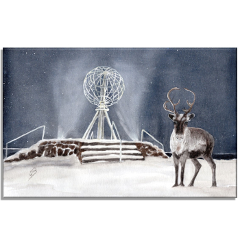 Leinwand 30 x 20 cm Keilrahmen Canvas-Leinen Aquarell Kunst Druck Kunstdruck Norwegen Norge Norway  Nordkapp Nordkap Globus Winter Rentier