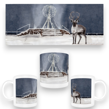 Tasse Becher Kaffeebecher  Aquarell Kunst Druck Kunstdruck Norwegen Norge Norway  Nordkapp Nordkap Globus Winter Rentier