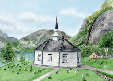 Postcard DIN-A6  watercolor art print Norway Norge Geiranger Fjord Church