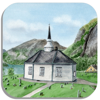 Coasters glass coasters 9,5 x  9,5 cm watercolor art print Norway Norge Geiranger Fjord Church