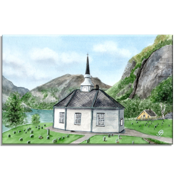Stretcher frame canvas 30 x 20 cm linen  watercolor art print Norway Norge Geiranger Fjord Church